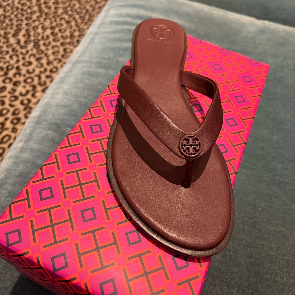 Tory Burch Deep Wine Leather Thong Sandals